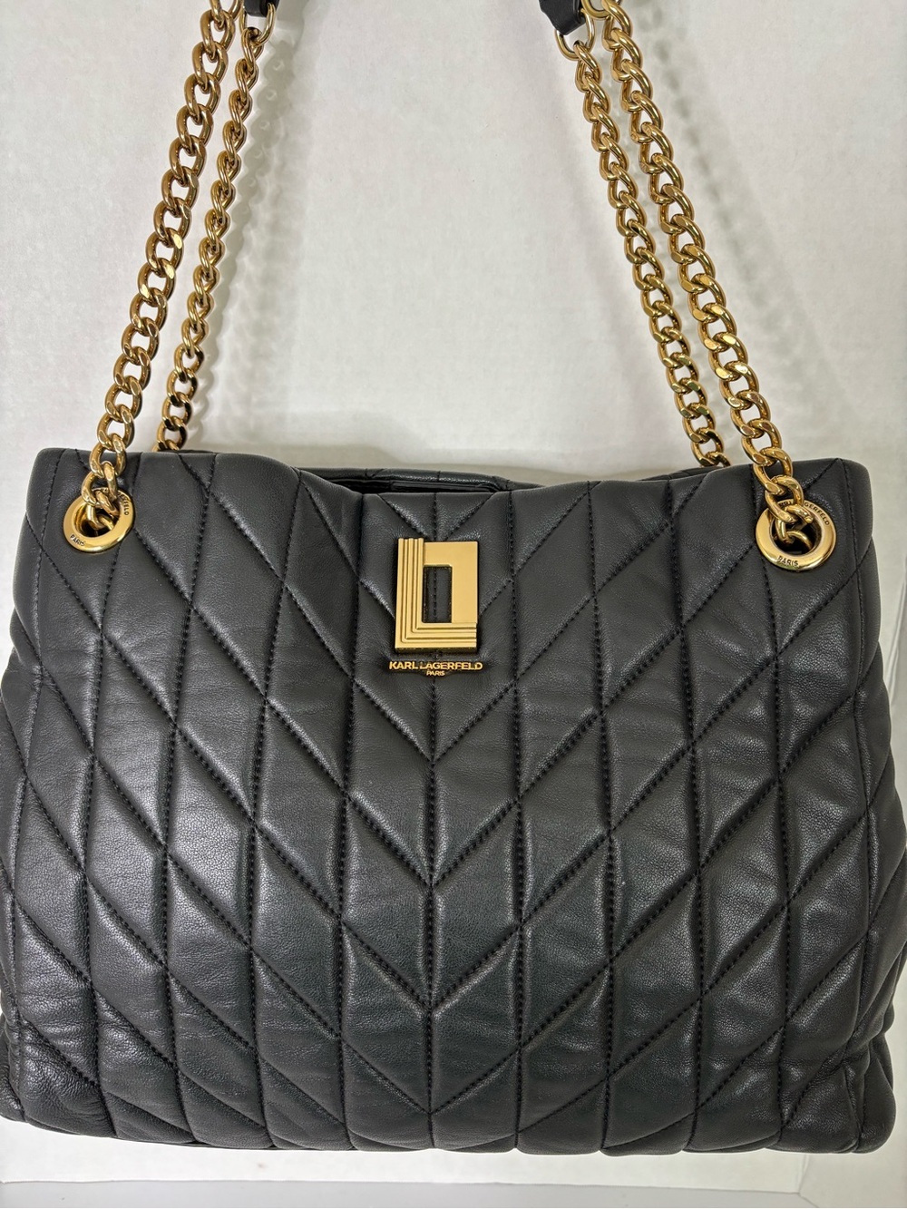 Karl Lagerfeld Black Quilted Shoulder Bag with Gold Hardware